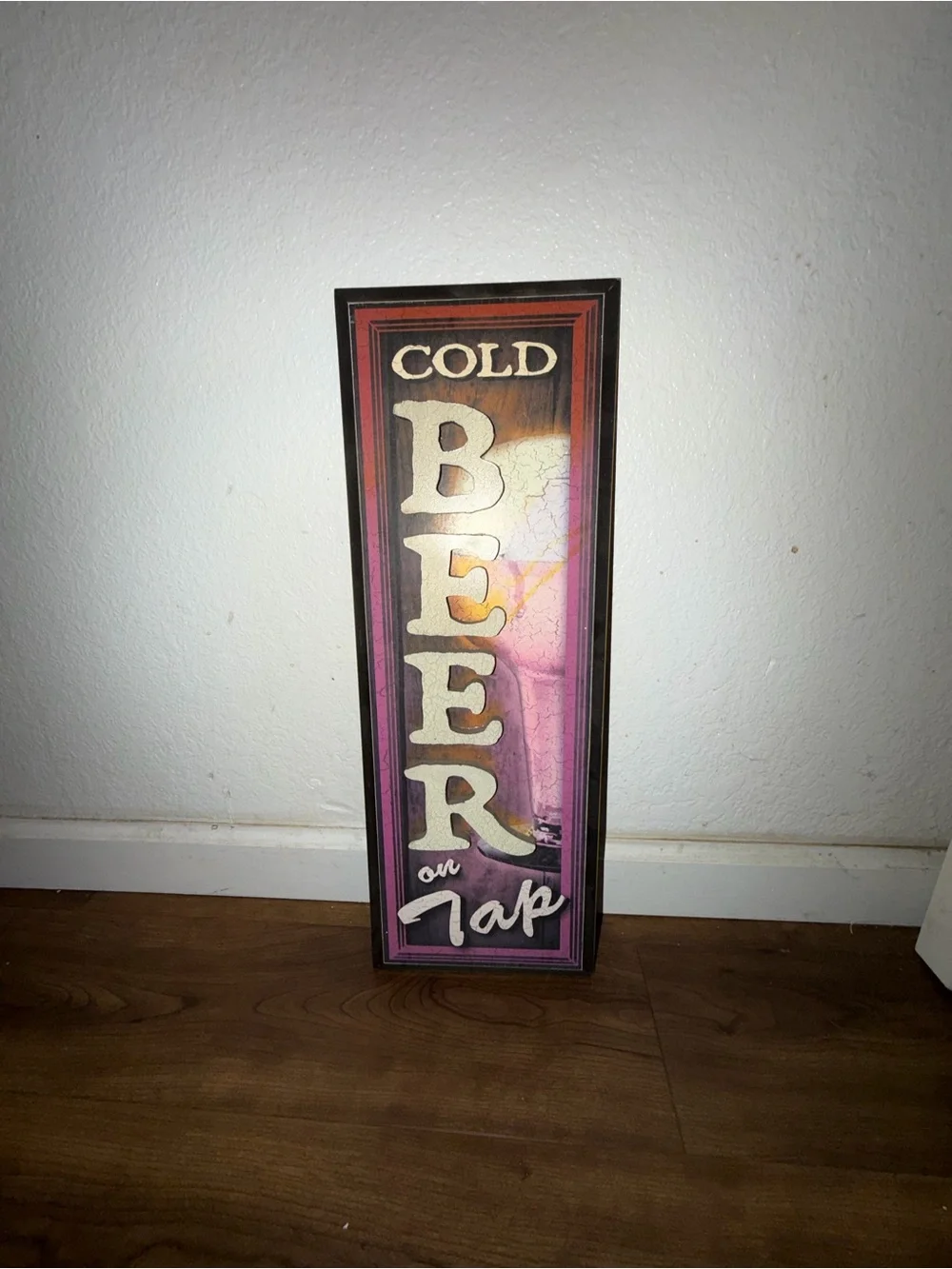 Cold Beer on Tap Wall Sign - Vintage Wood Look in Brown and Cream